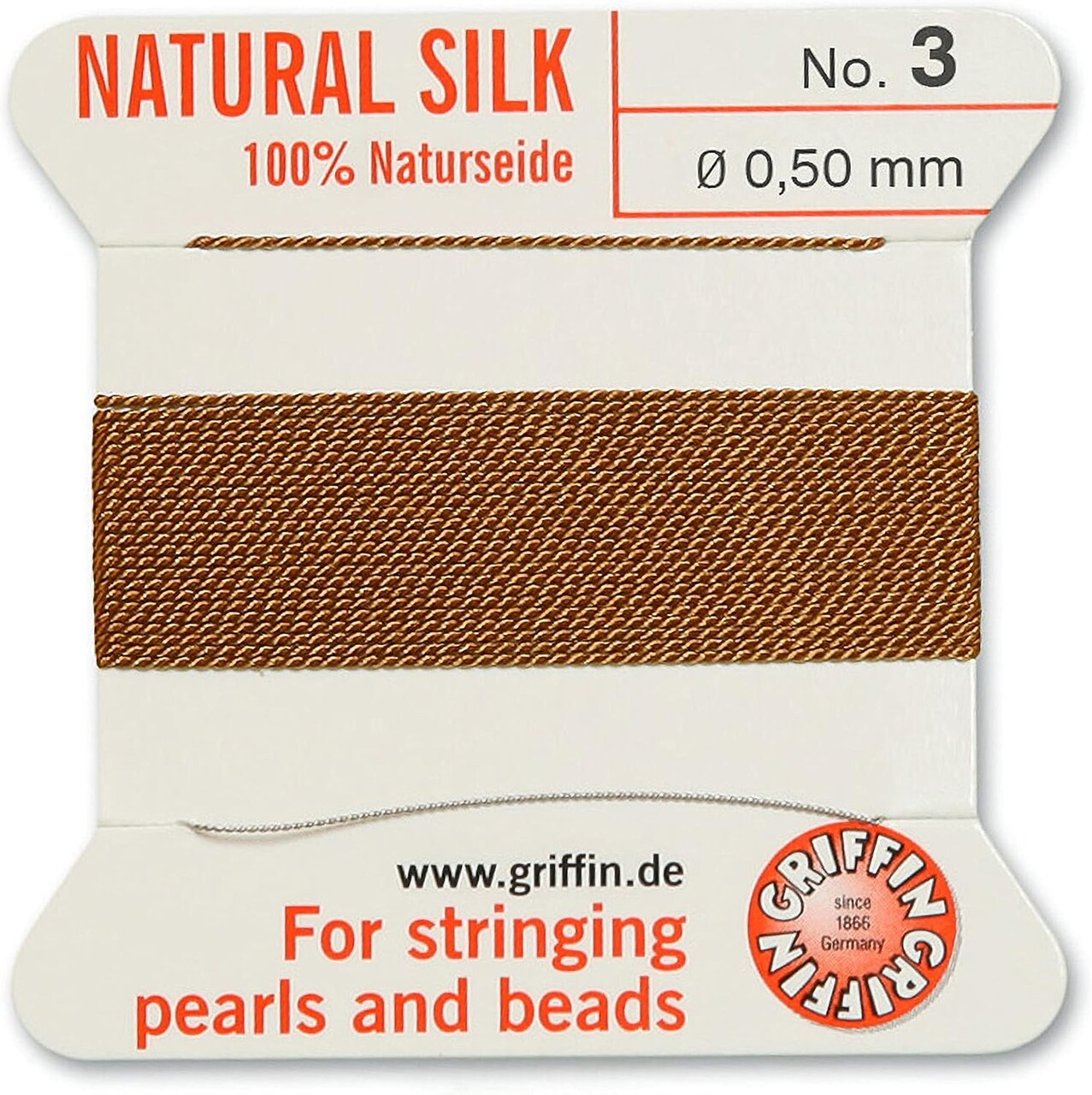 Griffin Silk Bead Cord Perlseide – Size 3 (0.50mm) – 2 Meters per Card – Stainless Steel Needle Attached – for Knotting Pearls, Gemstones, Crystals and Beads